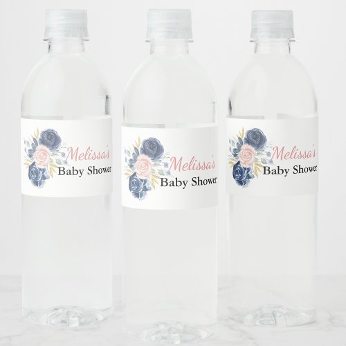 Navy blue blush pink floral custom water bottle label