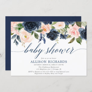 Navy blue & blush pink floral elegant baby shower invitation