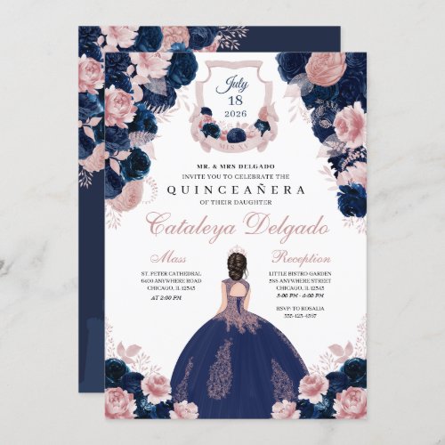 Navy Blue  Blush Pink Floral Elegant Quinceaera Invitation