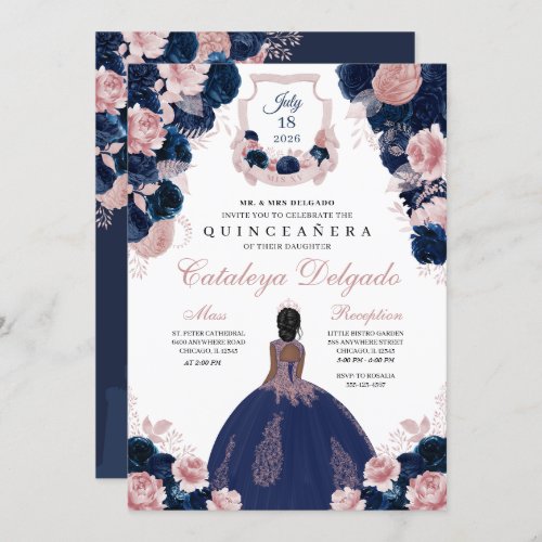 Navy Blue  Blush Pink Floral Elegant Quinceaera Invitation