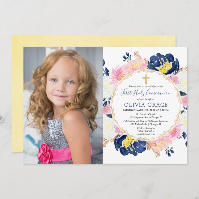 Navy blue blush pink floral first communion photo invitation (Front/Back)