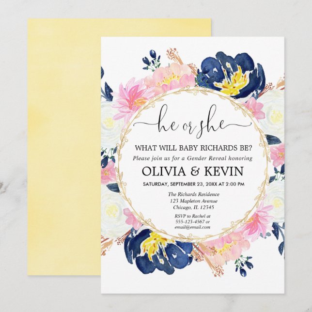 Navy blue blush pink floral gender reveal invitation (Front/Back)