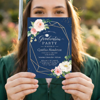 Navy Blue Blush Pink Floral Geometric Graduation Invitation