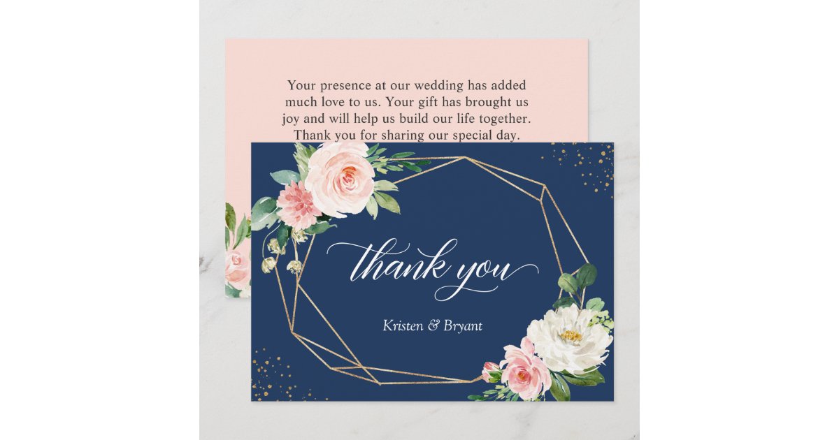 Navy Blue Blush Pink Floral Geometric Wedding Thank You Card | Zazzle