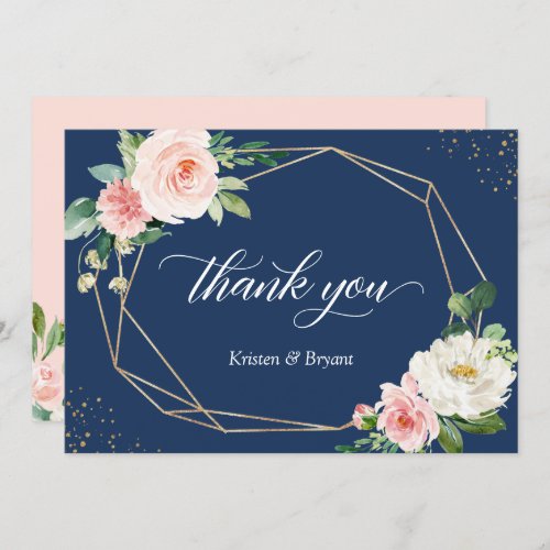 Navy Blue Blush Pink Floral Geometric Wedding Thank You Card