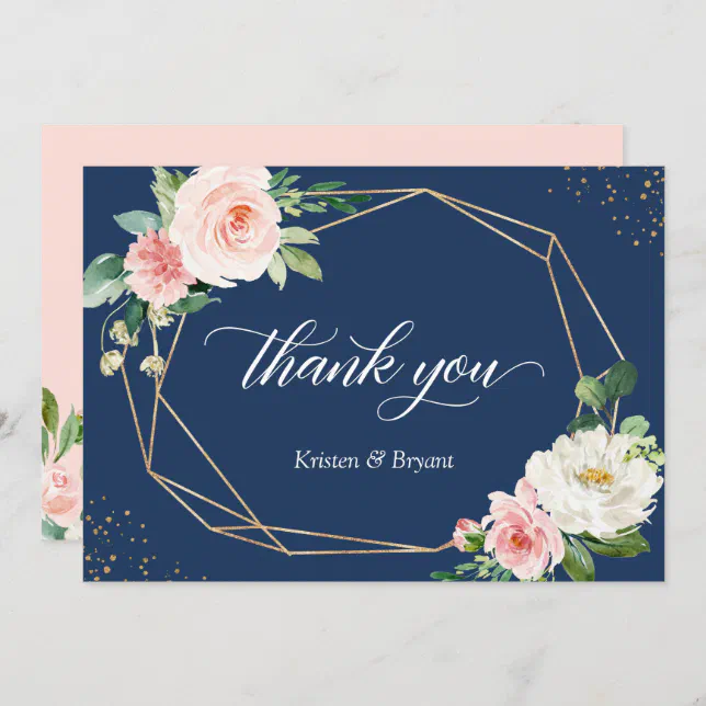 Navy Blue Blush Pink Floral Geometric Wedding Thank You Card | Zazzle