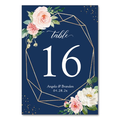 Navy Blue Blush Pink Floral Gold Frame Wedding Table Number