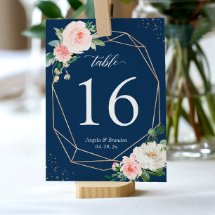 Navy Blue Blush Pink Floral Gold Frame Wedding Table Number
