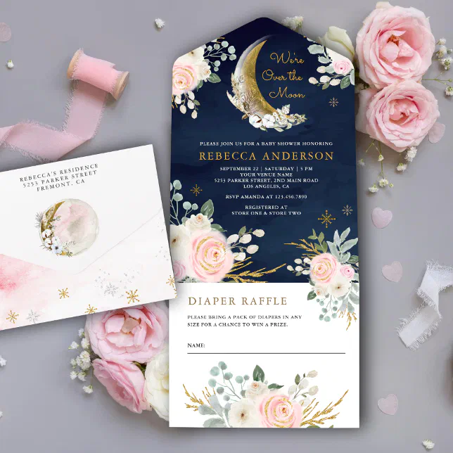 Navy Blue Blush Pink Floral Gold Moon Baby Shower All In One Invitation ...