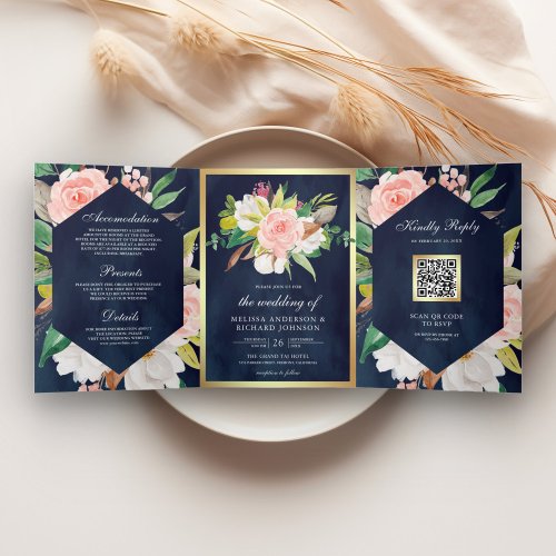 Navy Blue Blush Pink Floral Gold QR Code Wedding Tri_Fold Invitation