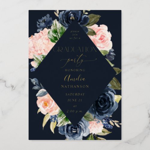 Navy Blue  Blush Pink Floral Graduation Party_ BL Foil Invitation