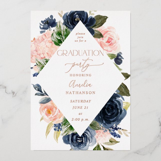 Navy Blue & Blush Pink Floral Graduation Party Foil Invitation (Front)