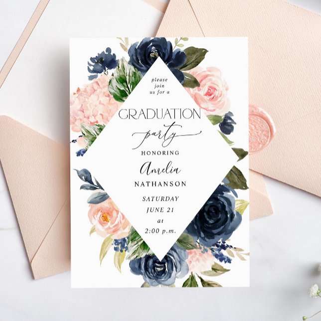 Navy Blue & Blush Pink Floral Graduation Party Invitation (Creator Uploaded)