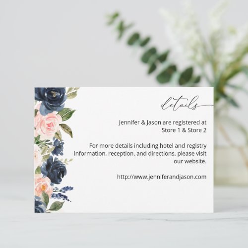 Navy Blue  Blush Pink Floral MED Enclosure Card