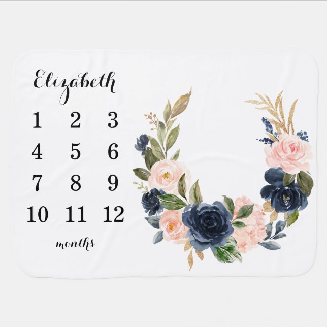 Navy Blue Blush Pink Floral Milestone Baby Blanket (Horizontal)