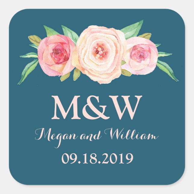 Navy Blue Blush Pink Floral Monogram Wedding Square Sticker (Front)