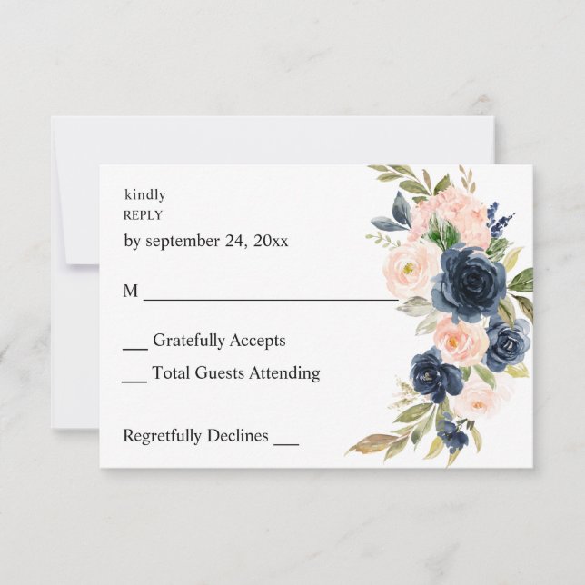 Navy Blue & Blush Pink Floral no Meal RSVP (Front)