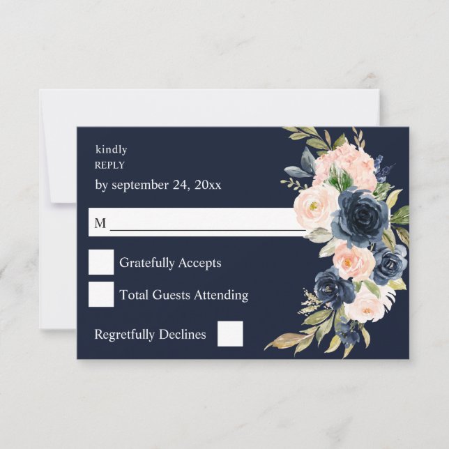 Navy Blue & Blush Pink Floral no Meal RSVP - Navy (Front)