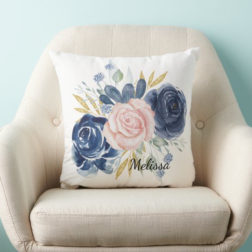 Navy blue blush pink floral personalize throw pillow
