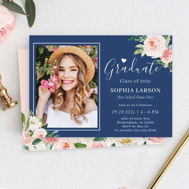 Navy Blue Blush Pink Floral Photo Graduation Invitation (Creator Uploaded)