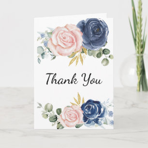 Navy blue blush pink floral photo thank you card