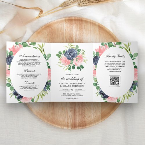 Navy Blue Blush Pink Floral QR Code Wedding Tri-Fold Invitation