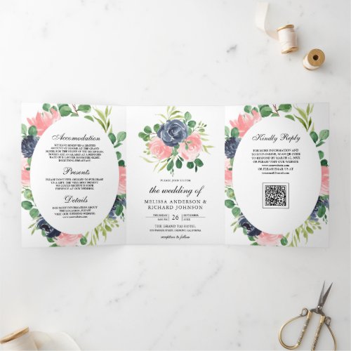 Navy Blue Blush Pink Floral QR Code Wedding Tri-Fold Invitation