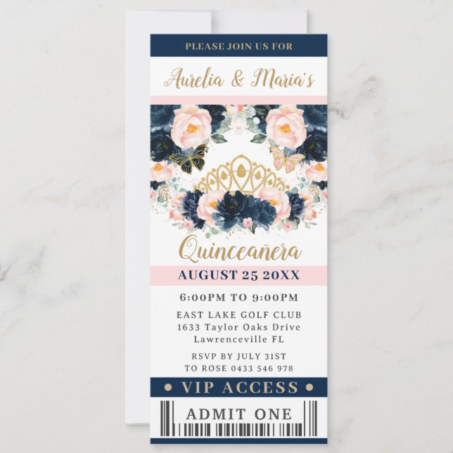 Navy Blue Blush Pink Floral Quinceañera VIP Ticket Invitation (Front)