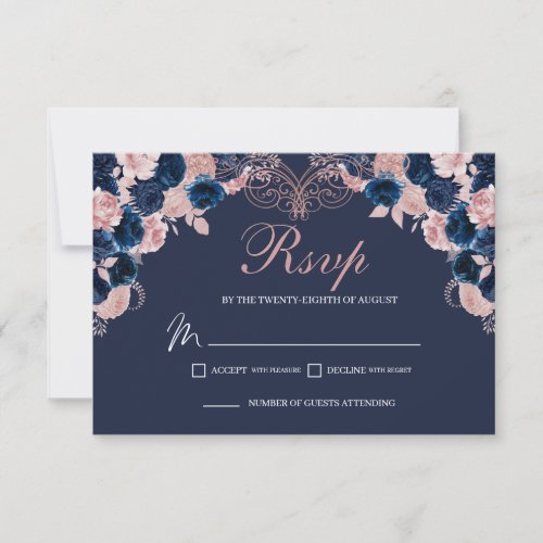 Navy Blue  Blush Pink Floral RSVP Enclosure Card