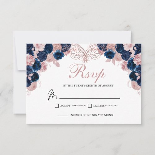 Navy Blue  Blush Pink Floral RSVP Enclosure Card