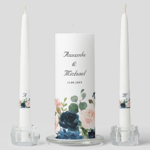 Navy Blue Blush Pink Floral Rustic Boho Wedding Unity Candle Set