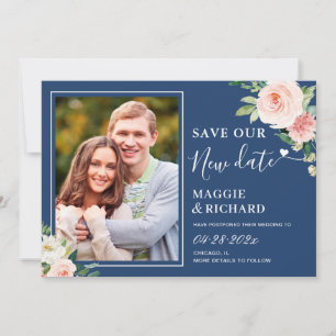 Navy Blue Blush Pink Floral Save Our New Date Save The Date