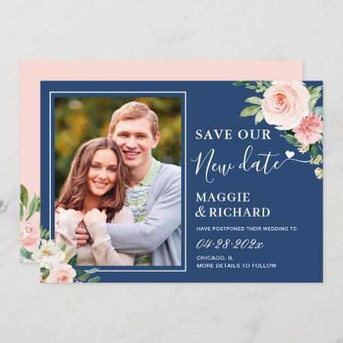 Navy Blue Blush Pink Floral Save Our New Date Save The Date