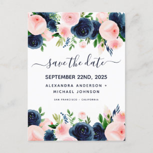 Navy Blue Blush Pink Floral Save the Date Announcement Postcard