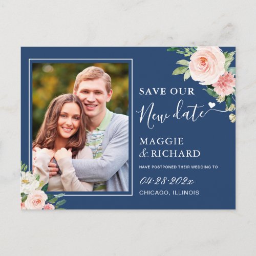 Navy Blue Blush Pink Floral Save The New Date Postcard