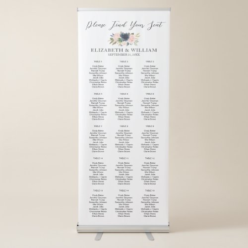 Navy Blue  Blush Pink Floral Script Seating Chart Retractable Banner