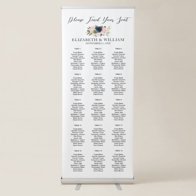 Navy Blue & Blush Pink Floral Script Seating Chart Retractable Banner (Front)