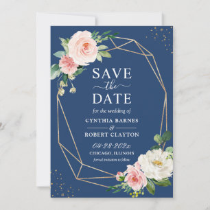Navy Blue Blush Pink Floral Stylish Gold Geometric Save The Date