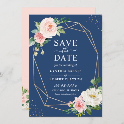 Navy Blue Blush Pink Floral Stylish Gold Geometric Save The Date