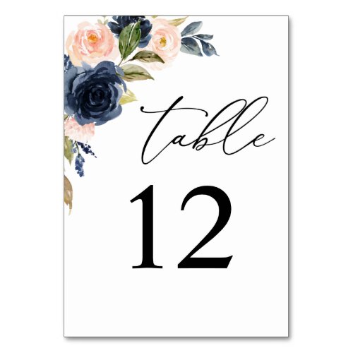 Navy Blue  Blush Pink Floral Table Number