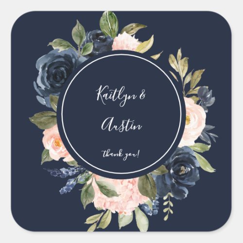 Navy Blue  Blush Pink Floral Thank You _ Navy Square Sticker