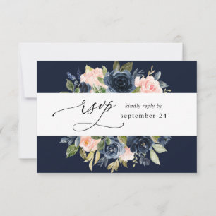 Navy Blue & Blush Pink Floral w Meal RSVP - Navy