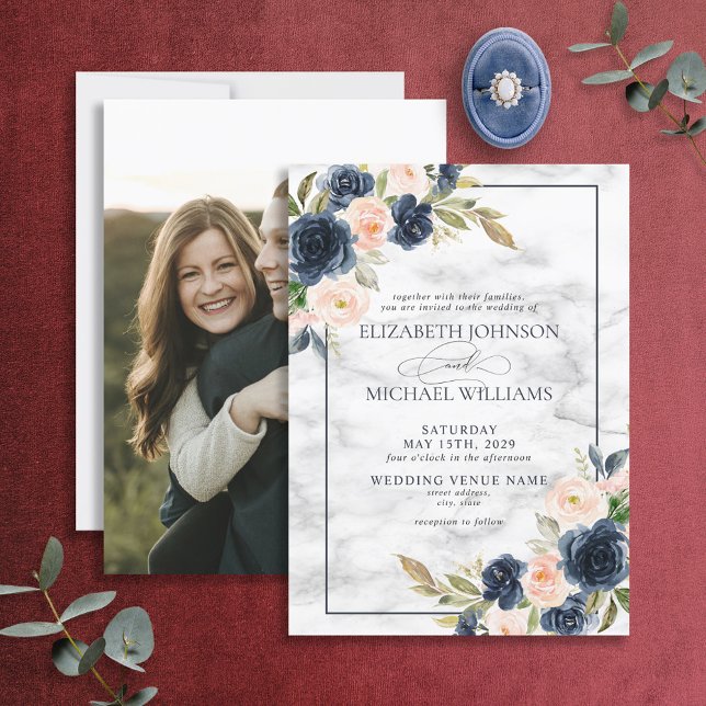 Navy Blue Blush Pink Floral Watercolor Photo Invitation (Creator Uploaded)
