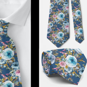 Navy Blue Blush Pink Floral Watercolor Roses Neck Tie