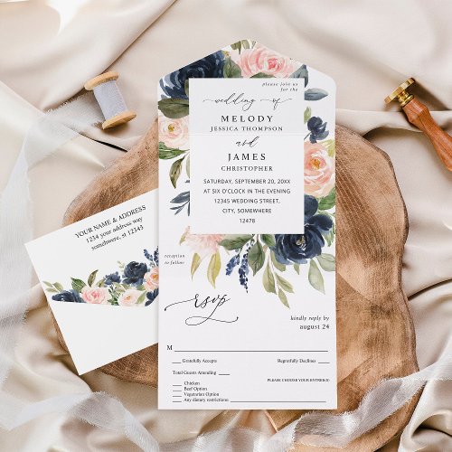 Navy Blue  Blush Pink Floral Wedding All In One Invitation