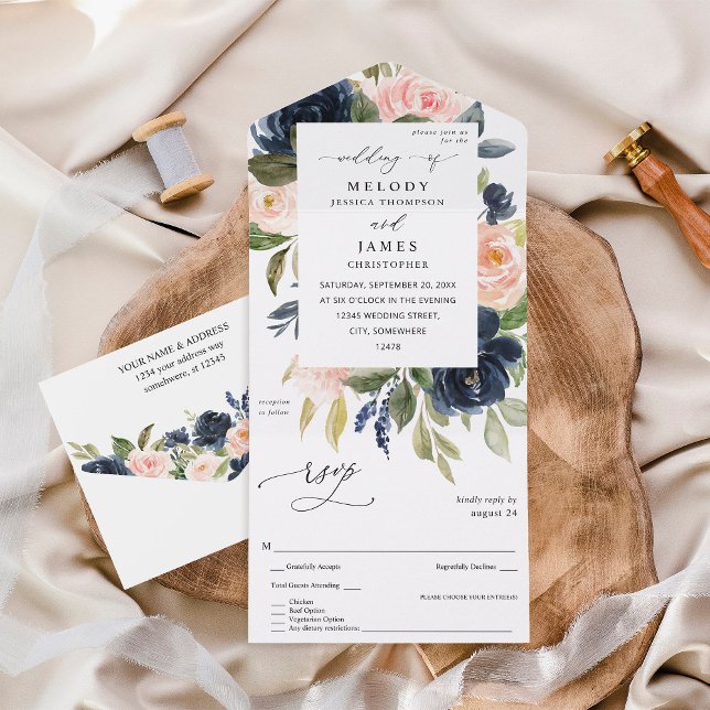 Navy Blue & Blush Pink Floral Wedding All In One Invitation (Creator Uploaded)