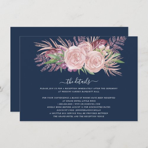 Navy Blue Blush Pink Floral Wedding Details Enclosure Card