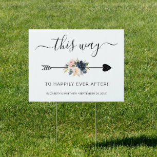 Navy Blue & Blush Pink Floral Wedding Directional Sign