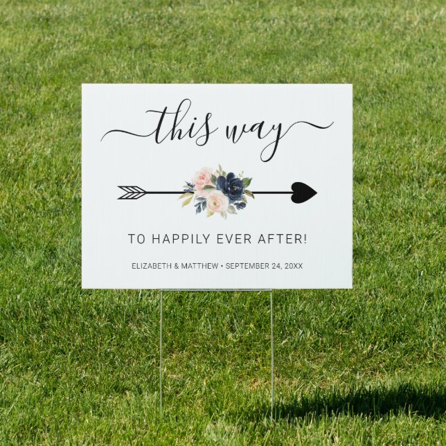 Navy Blue & Blush Pink Floral Wedding Directional Sign (Insitu)