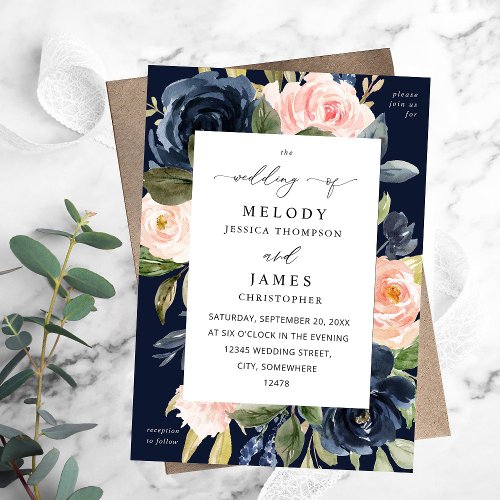 Navy Blue  Blush Pink Floral Wedding Fall Invitation